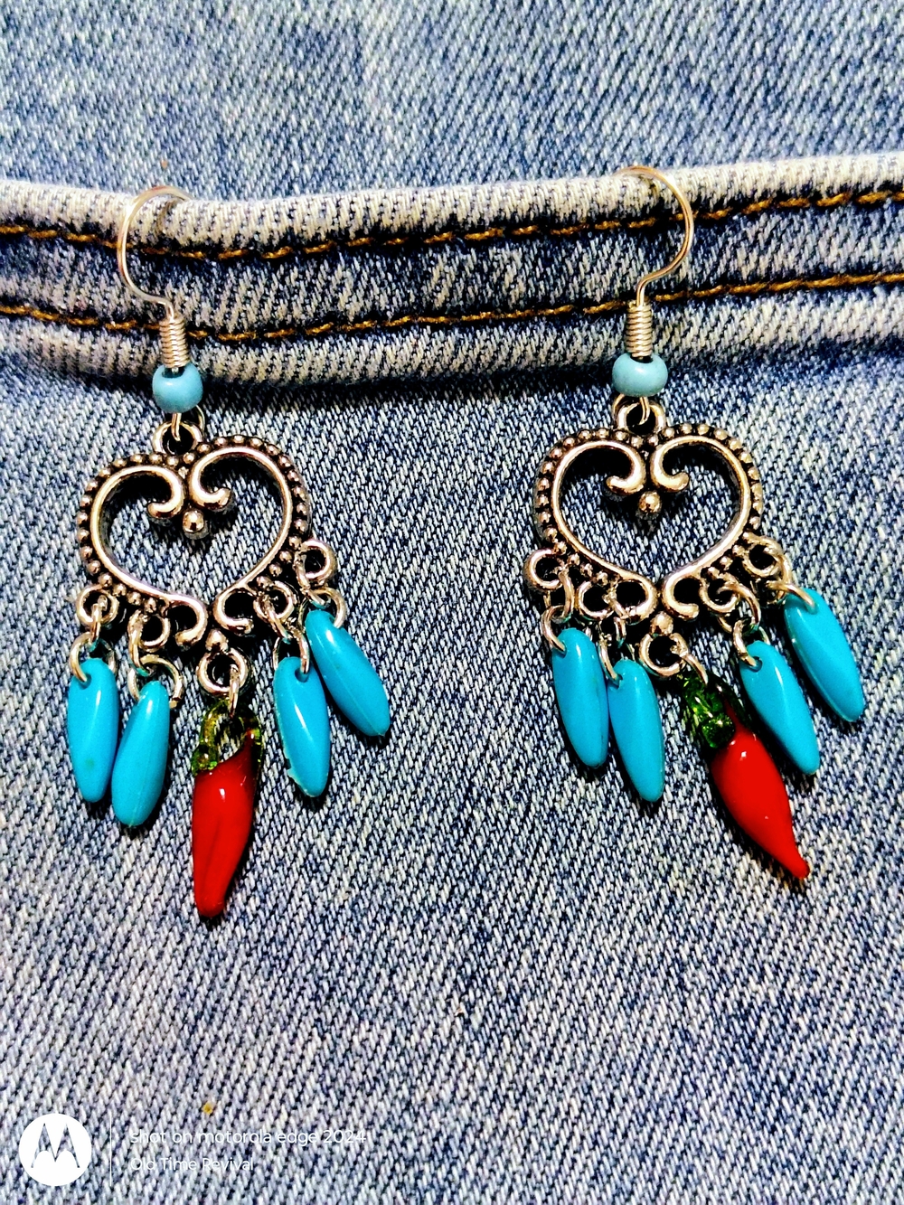 Vintage Upcycled Chili Pepper Heart Earrings with Turquoise Beads Southwestern